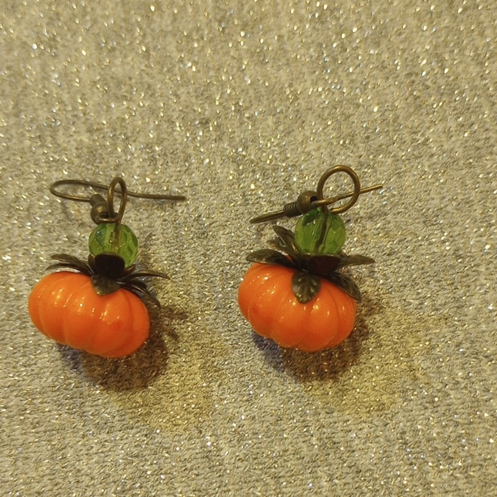 Orange Pumpkin Earrings with Green Accents